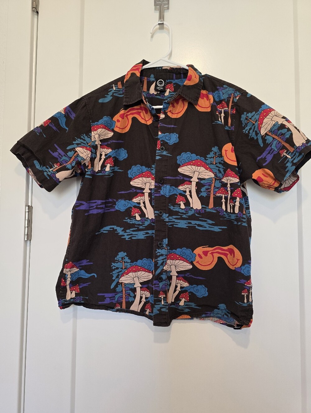 Neff Black Short Sleeve Button-Up with Red & Blue Mushroom Print Vibey